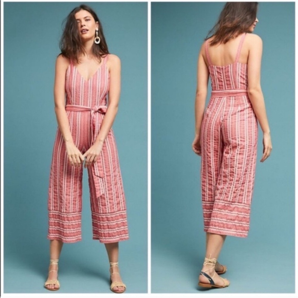 Anthro Red Striped Cotton Blend Wide Leg Jumpsuit